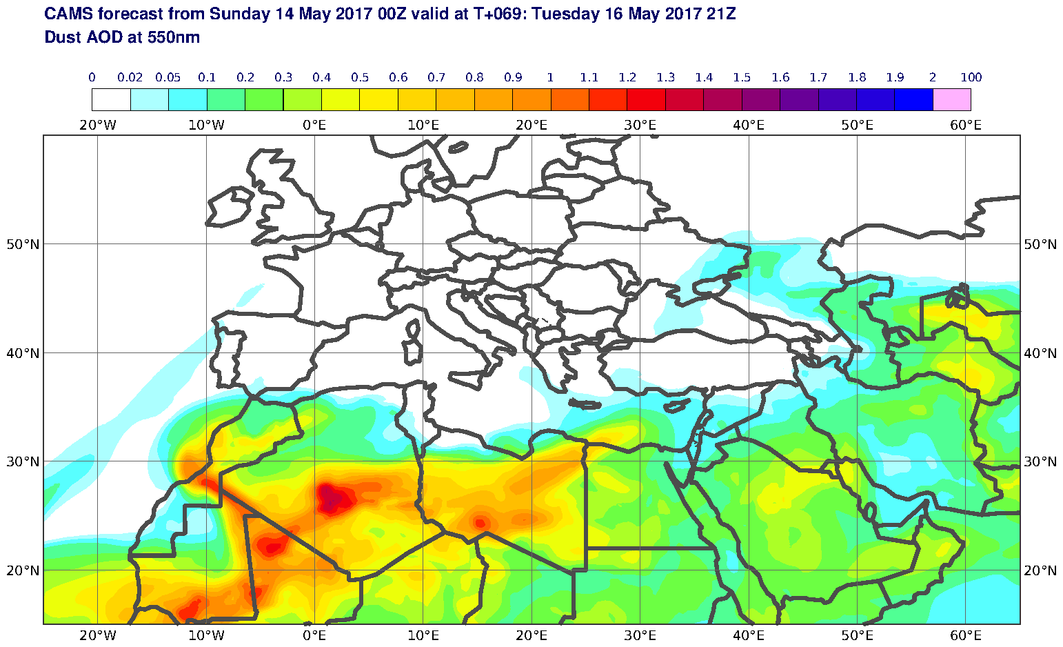 Dust AOD at 550nm valid at T69 - 2017-05-16 21:00