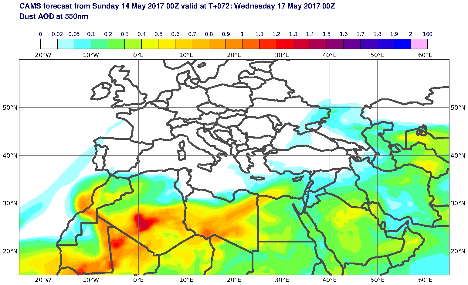 Dust AOD at 550nm valid at T72 - 2017-05-17 00:00