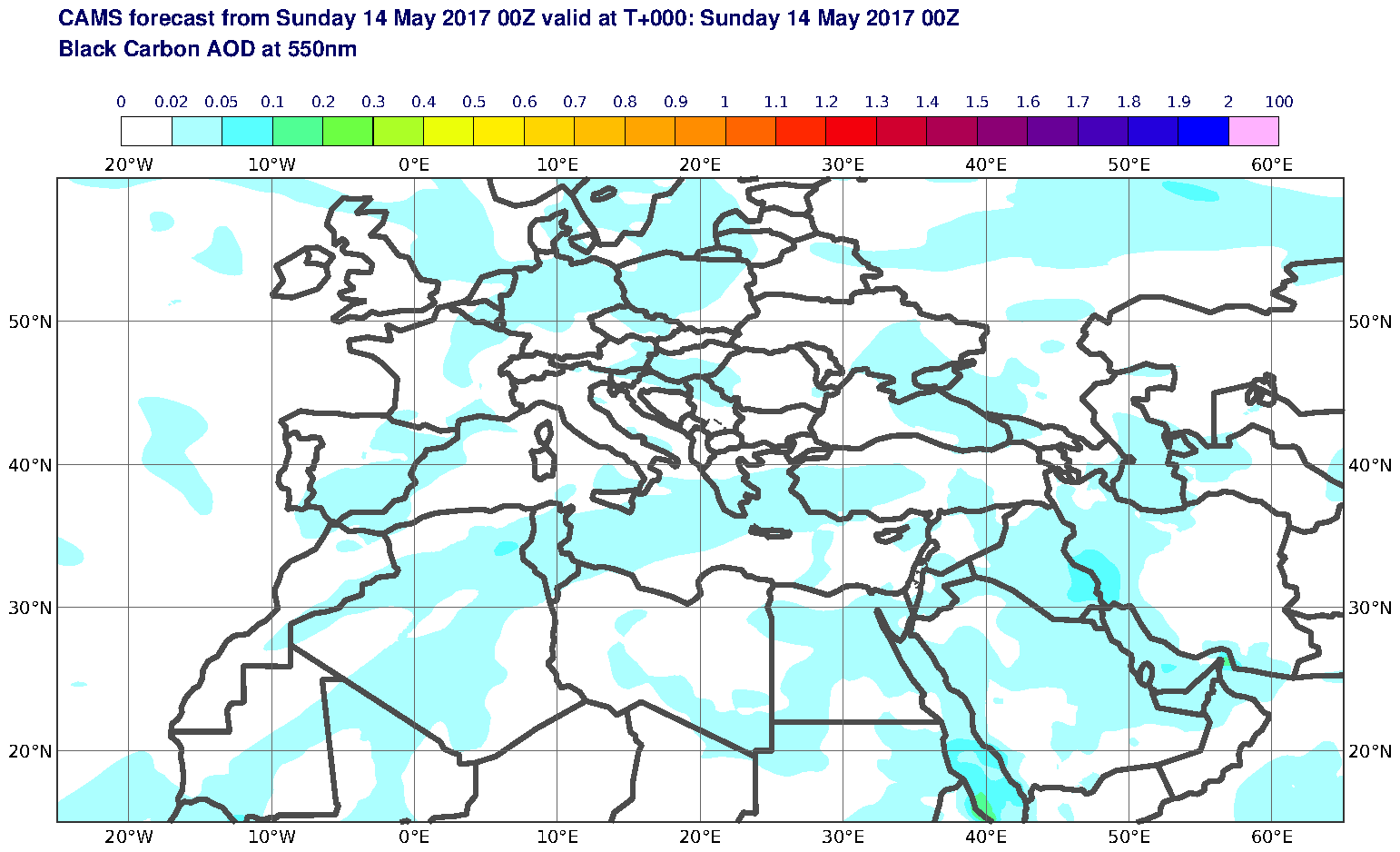 Black Carbon AOD at 550nm valid at T0 - 2017-05-14 00:00