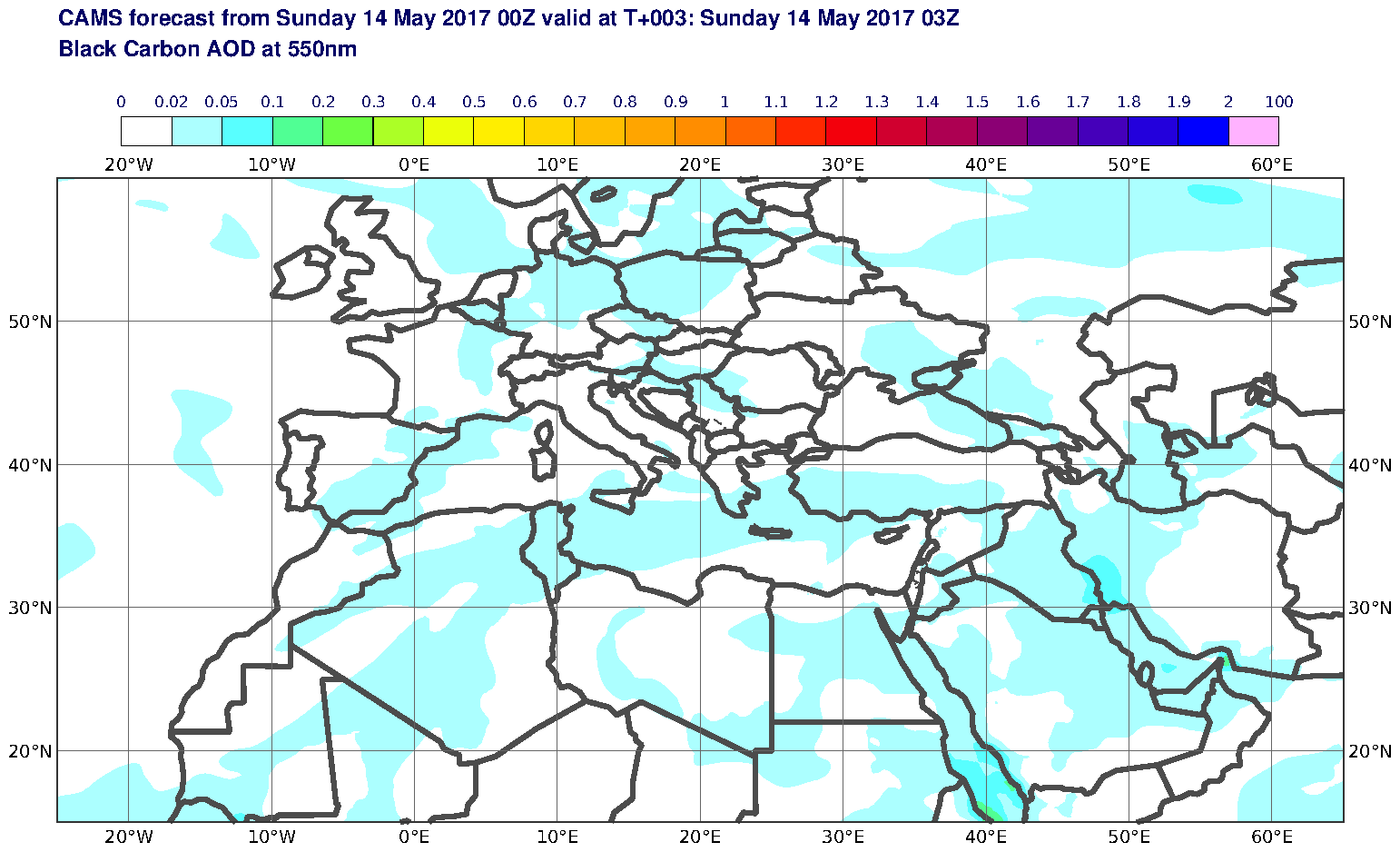 Black Carbon AOD at 550nm valid at T3 - 2017-05-14 03:00