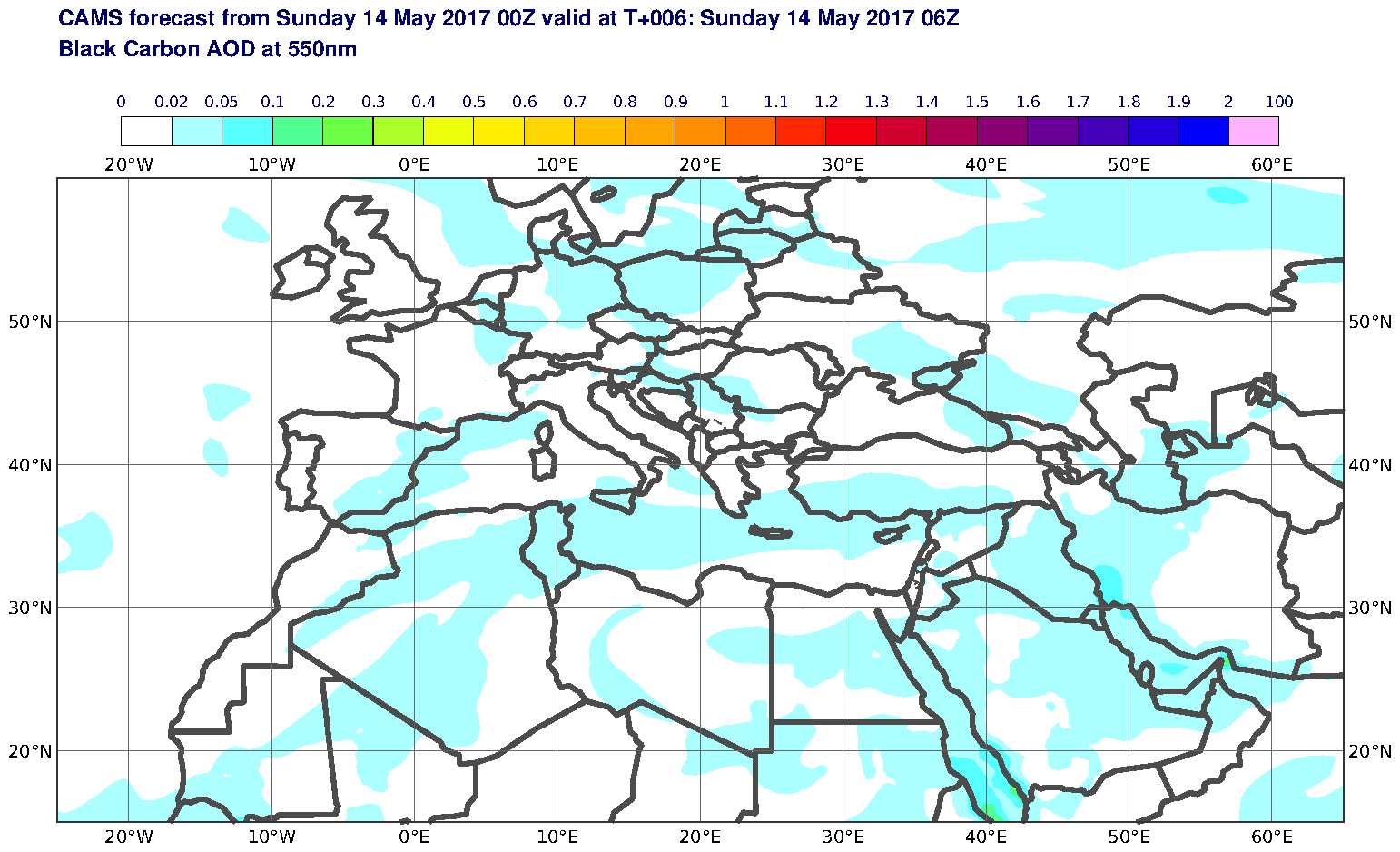 Black Carbon AOD at 550nm valid at T6 - 2017-05-14 06:00