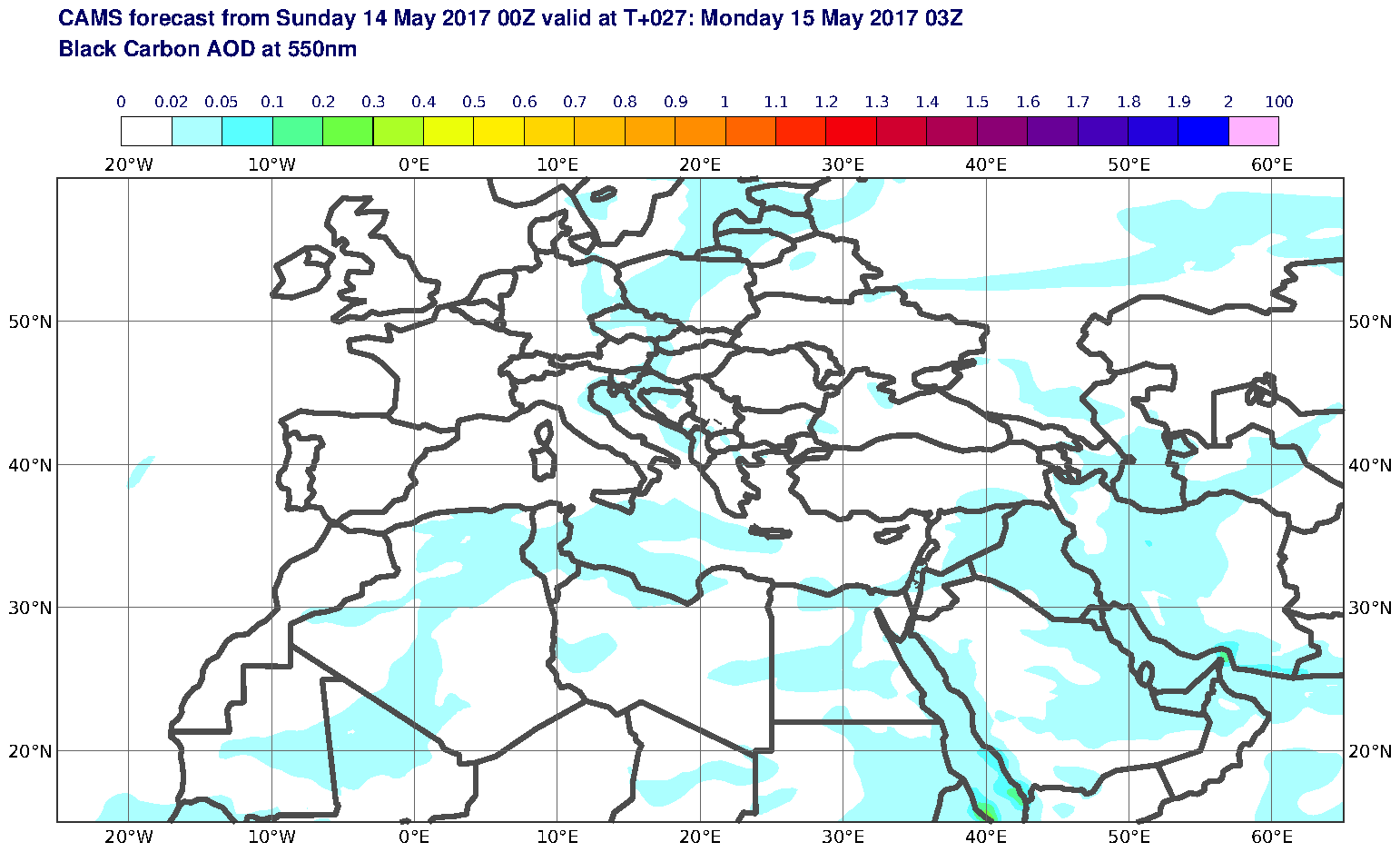 Black Carbon AOD at 550nm valid at T27 - 2017-05-15 03:00
