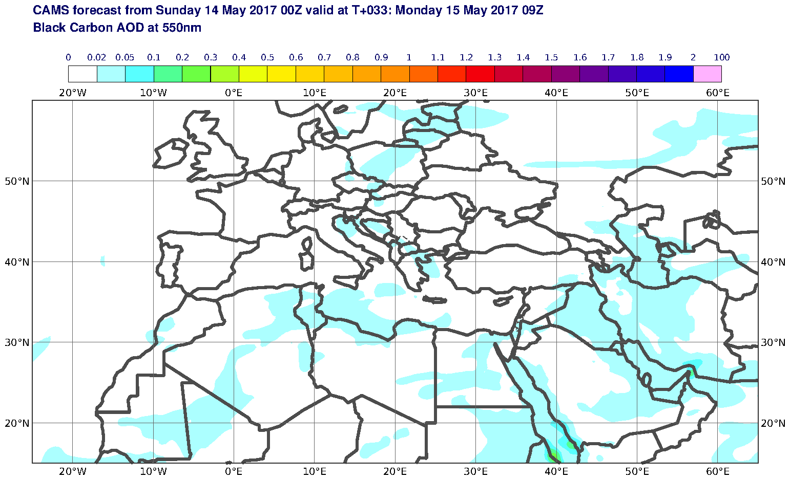 Black Carbon AOD at 550nm valid at T33 - 2017-05-15 09:00