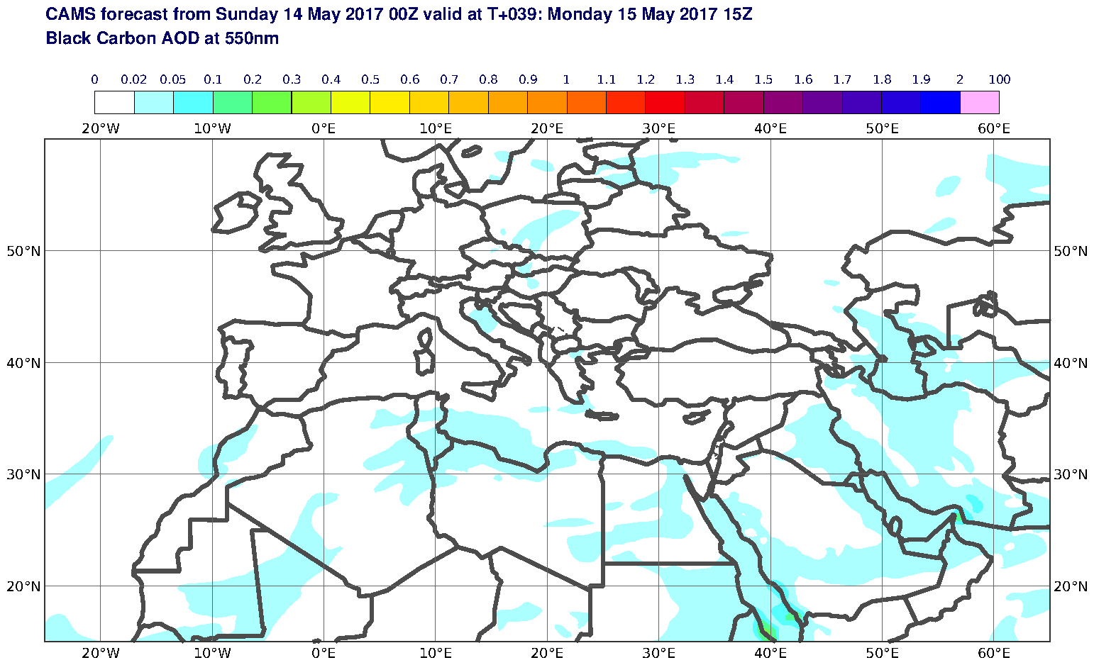 Black Carbon AOD at 550nm valid at T39 - 2017-05-15 15:00