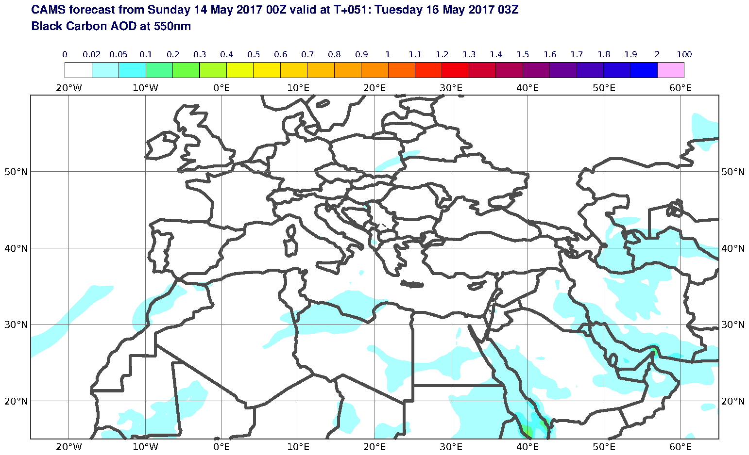 Black Carbon AOD at 550nm valid at T51 - 2017-05-16 03:00