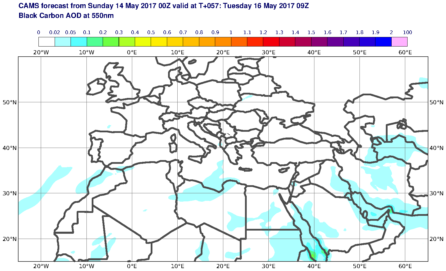 Black Carbon AOD at 550nm valid at T57 - 2017-05-16 09:00