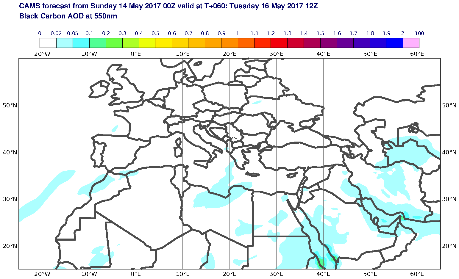 Black Carbon AOD at 550nm valid at T60 - 2017-05-16 12:00