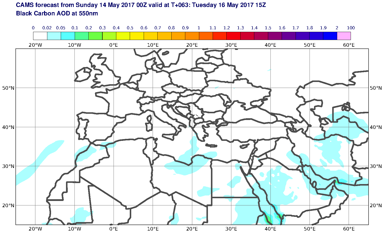 Black Carbon AOD at 550nm valid at T63 - 2017-05-16 15:00