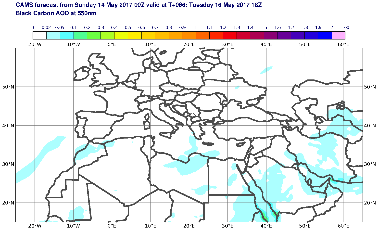 Black Carbon AOD at 550nm valid at T66 - 2017-05-16 18:00