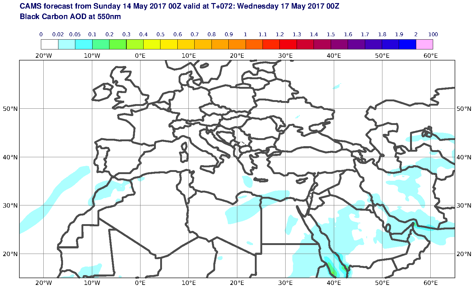 Black Carbon AOD at 550nm valid at T72 - 2017-05-17 00:00