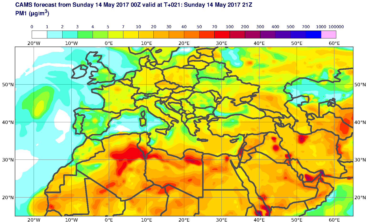 PM1 (μg/m3) valid at T21 - 2017-05-14 21:00