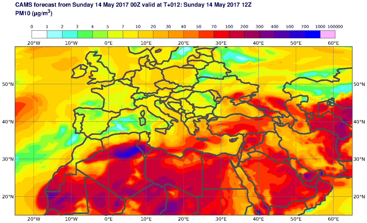 PM10 (μg/m3) valid at T12 - 2017-05-14 12:00