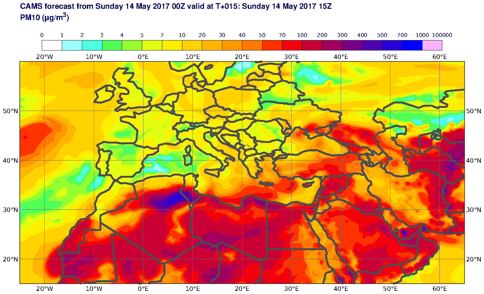 PM10 (μg/m3) valid at T15 - 2017-05-14 15:00