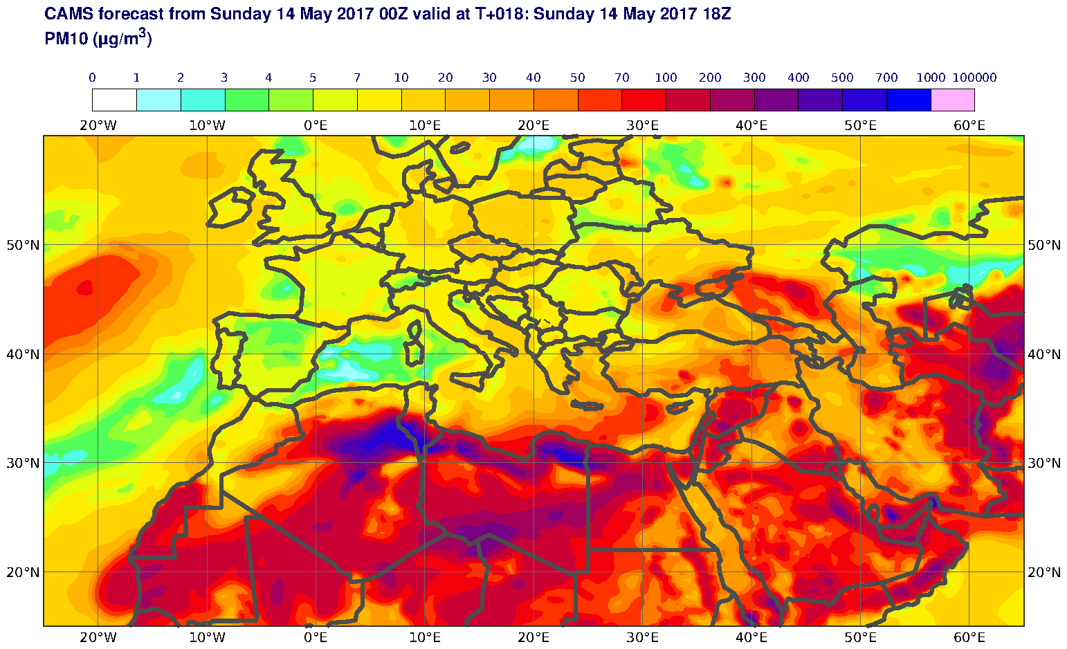 PM10 (μg/m3) valid at T18 - 2017-05-14 18:00