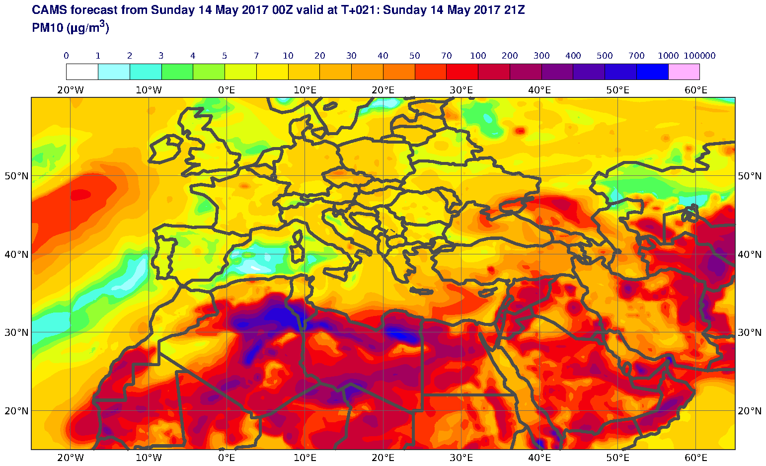 PM10 (μg/m3) valid at T21 - 2017-05-14 21:00