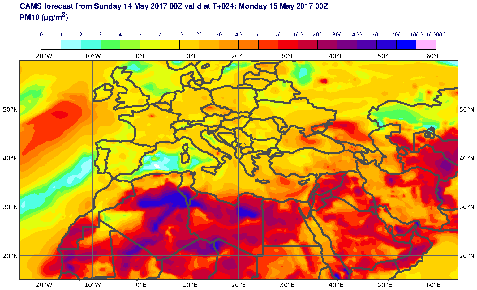 PM10 (μg/m3) valid at T24 - 2017-05-15 00:00