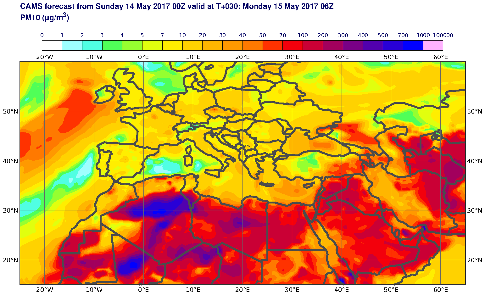 PM10 (μg/m3) valid at T30 - 2017-05-15 06:00