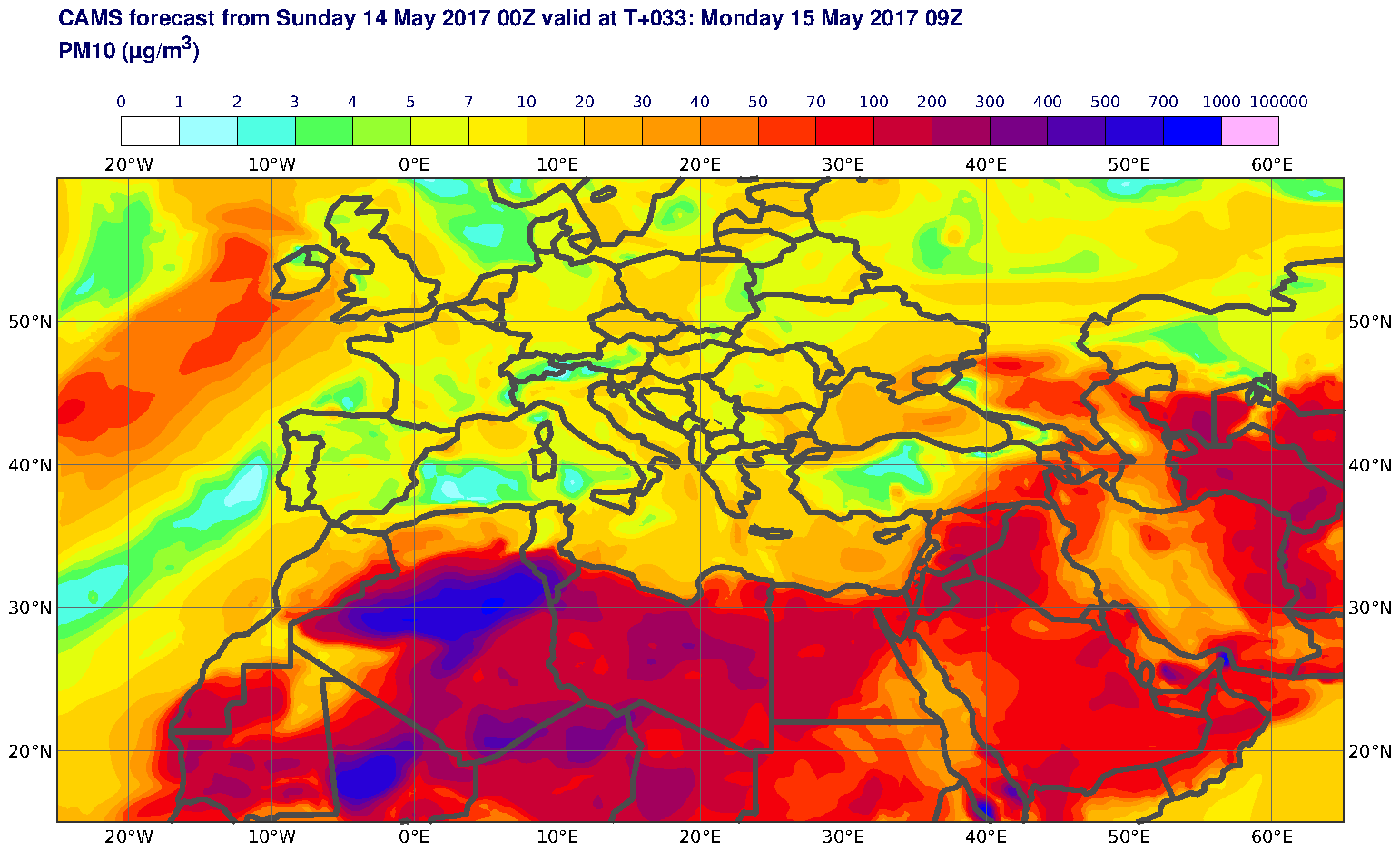 PM10 (μg/m3) valid at T33 - 2017-05-15 09:00