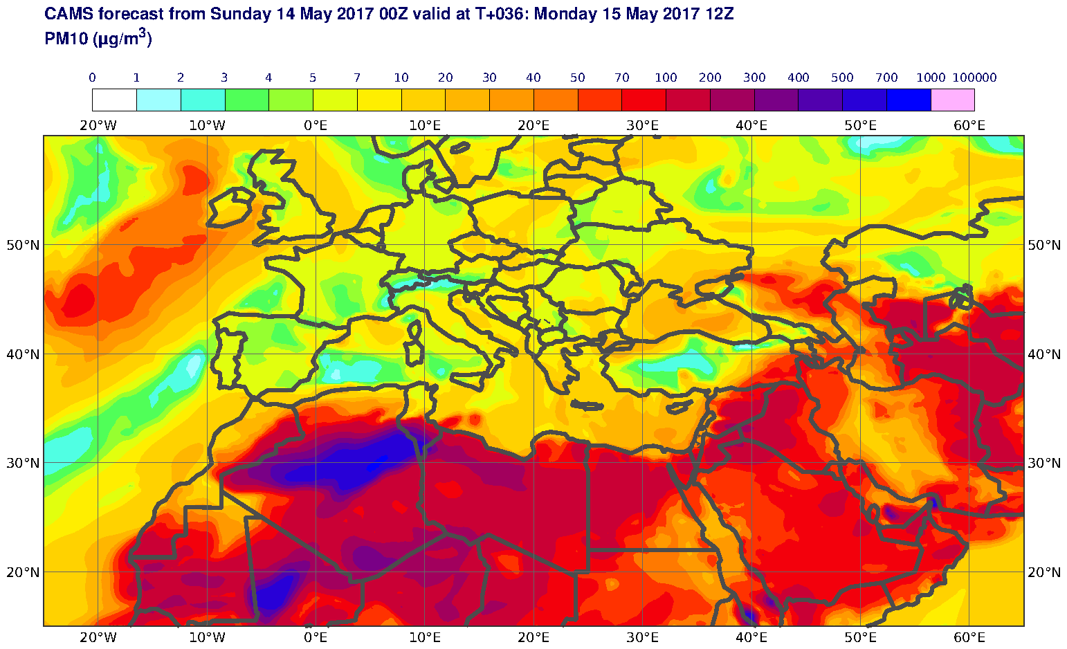 PM10 (μg/m3) valid at T36 - 2017-05-15 12:00