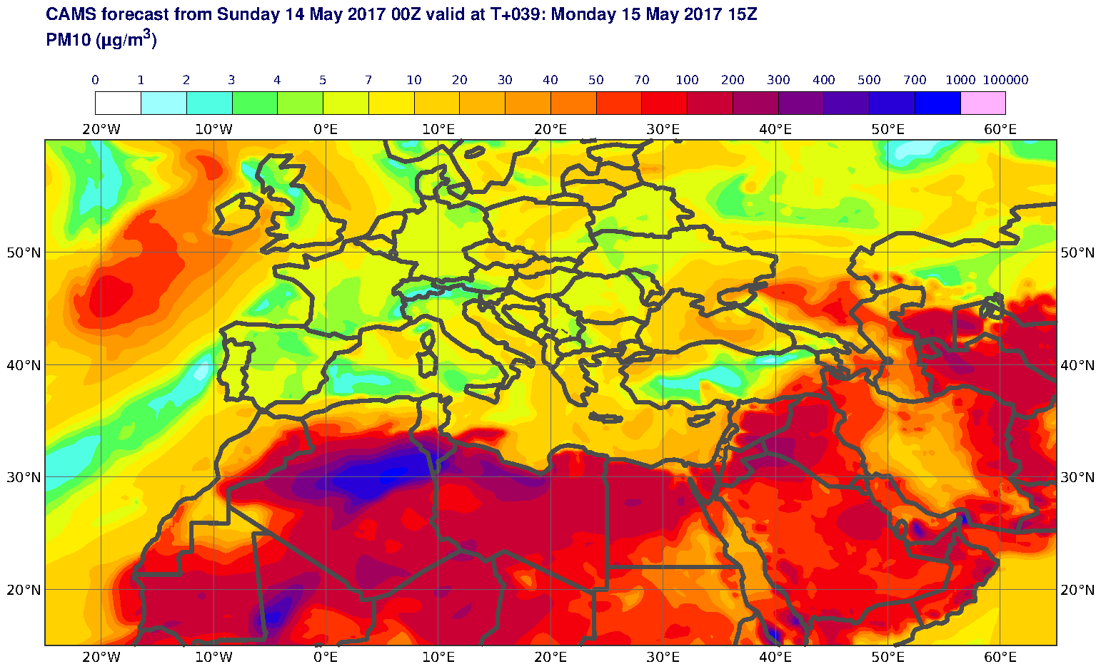 PM10 (μg/m3) valid at T39 - 2017-05-15 15:00