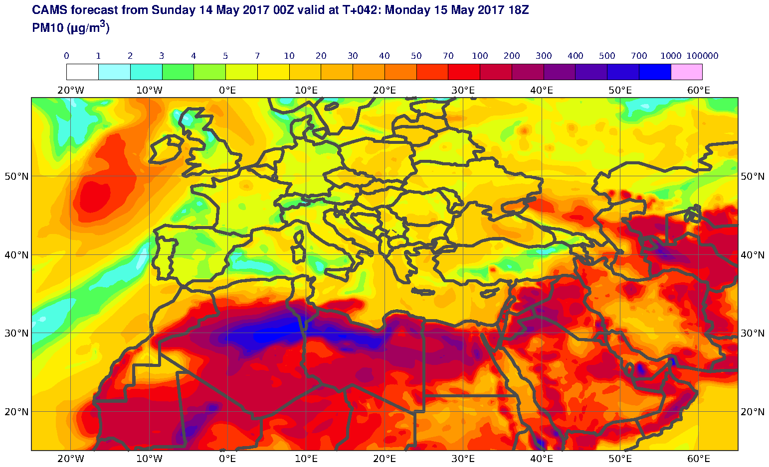 PM10 (μg/m3) valid at T42 - 2017-05-15 18:00