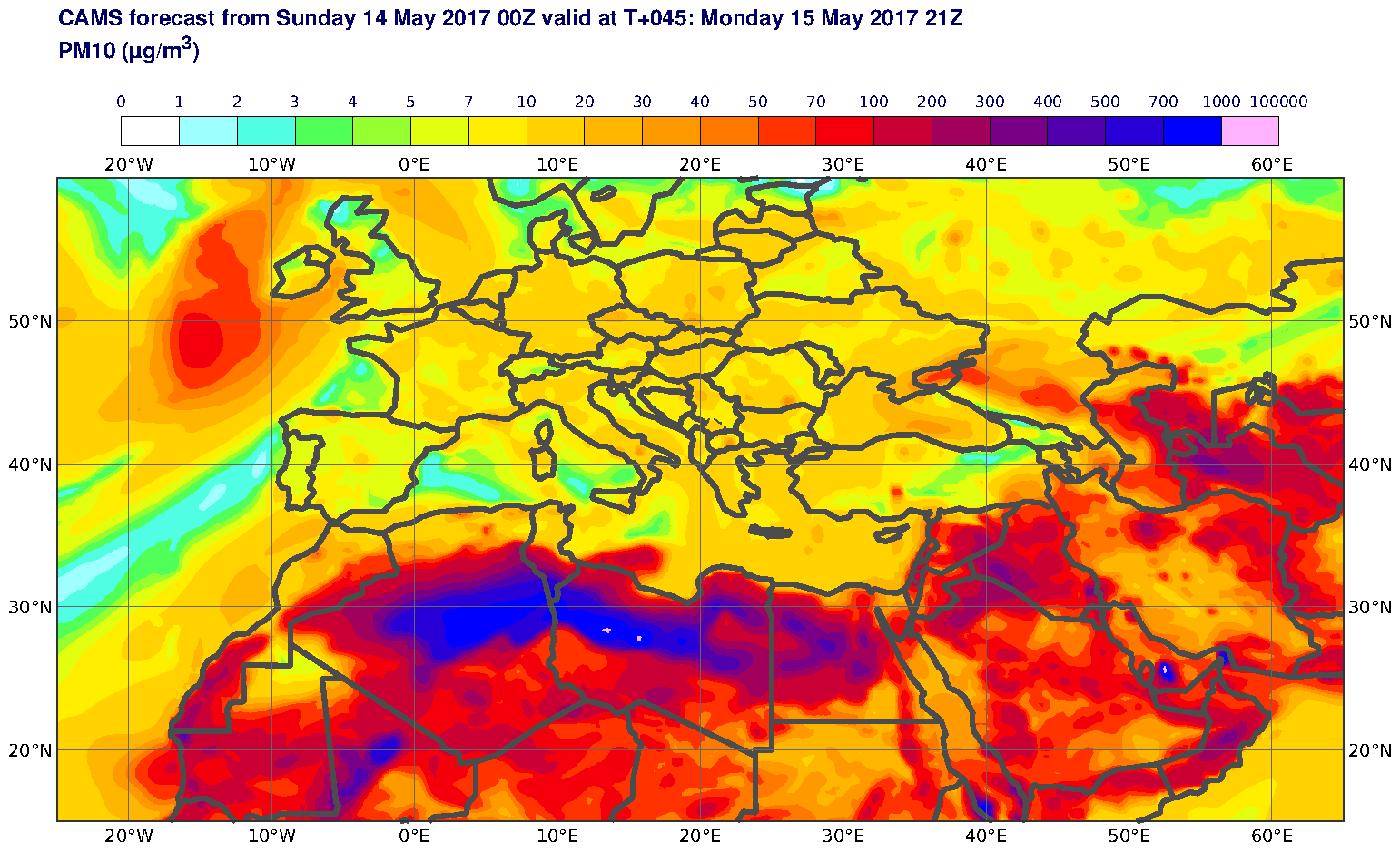 PM10 (μg/m3) valid at T45 - 2017-05-15 21:00