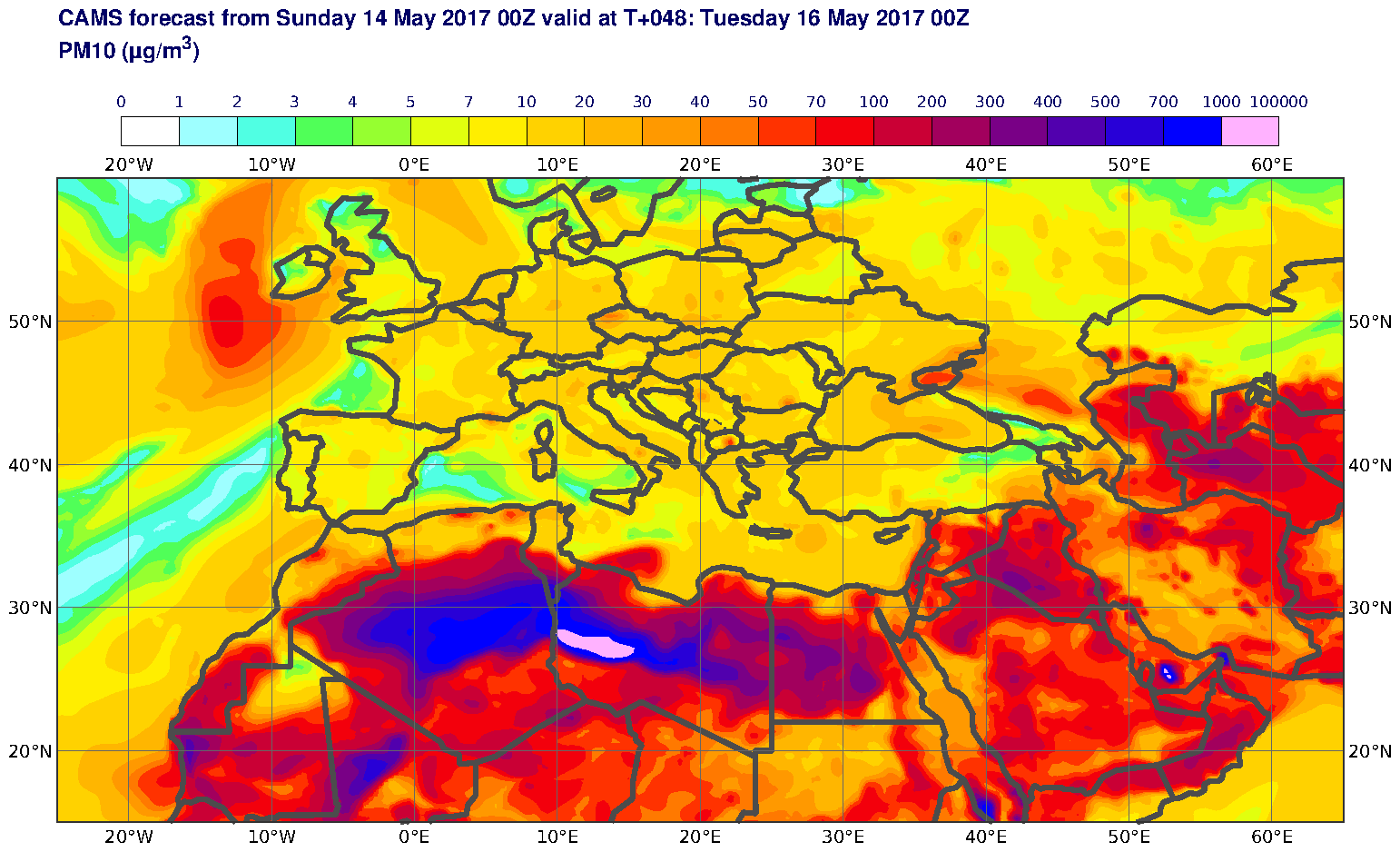 PM10 (μg/m3) valid at T48 - 2017-05-16 00:00