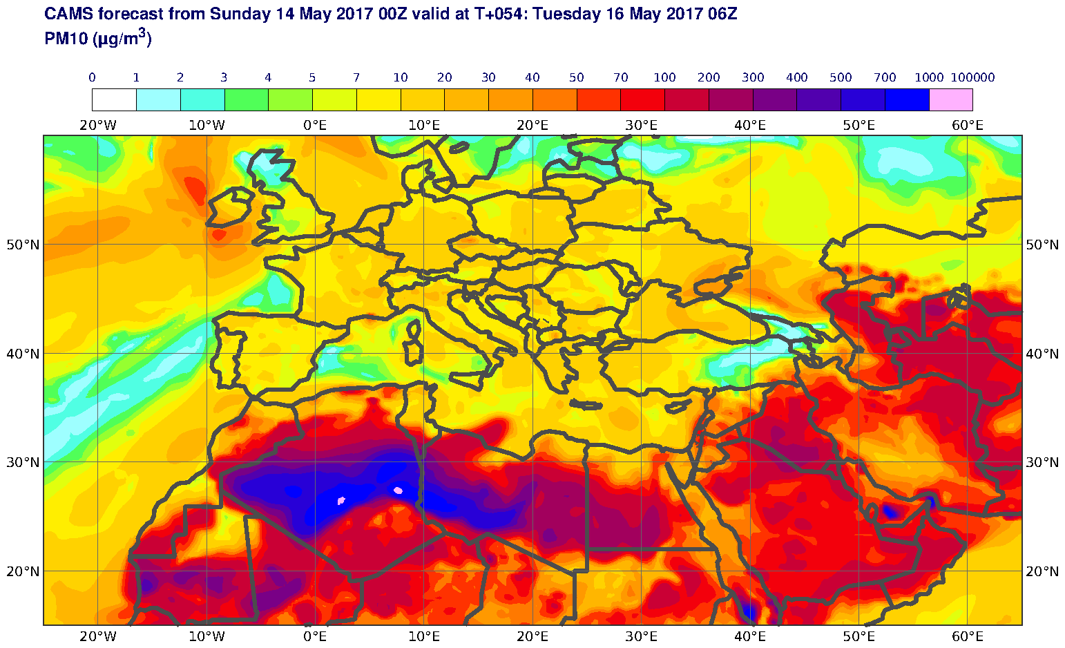 PM10 (μg/m3) valid at T54 - 2017-05-16 06:00