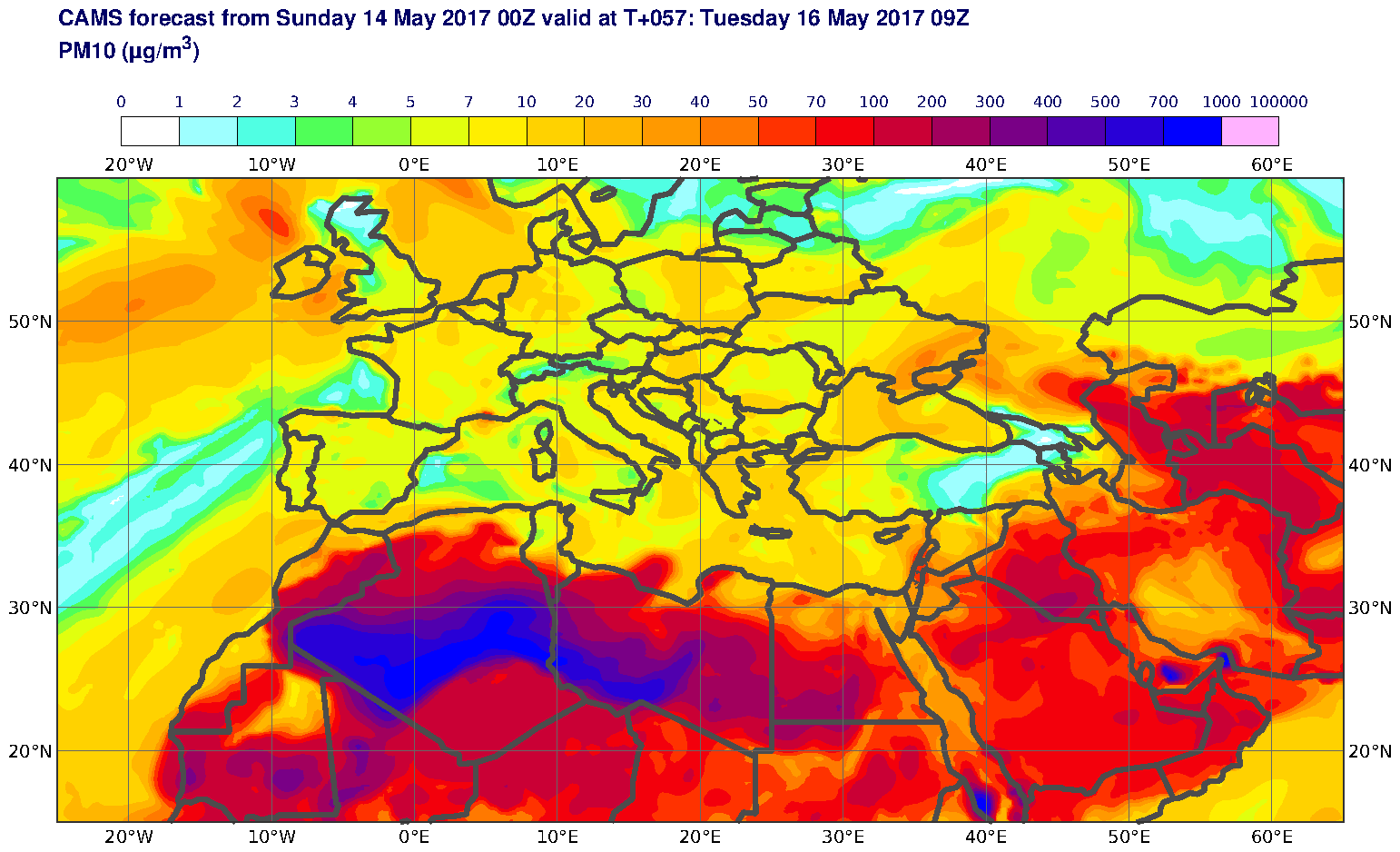 PM10 (μg/m3) valid at T57 - 2017-05-16 09:00