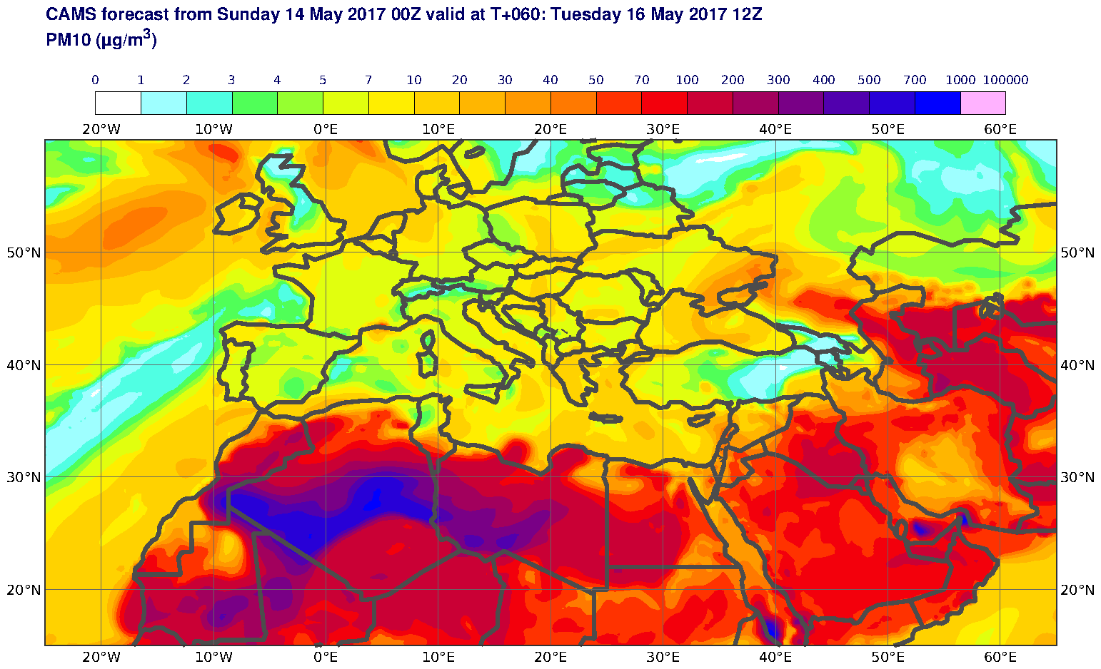 PM10 (μg/m3) valid at T60 - 2017-05-16 12:00