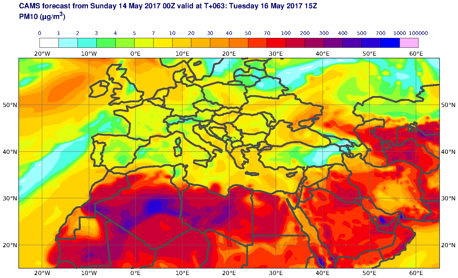 PM10 (μg/m3) valid at T63 - 2017-05-16 15:00