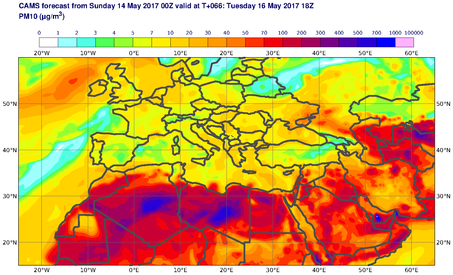 PM10 (μg/m3) valid at T66 - 2017-05-16 18:00