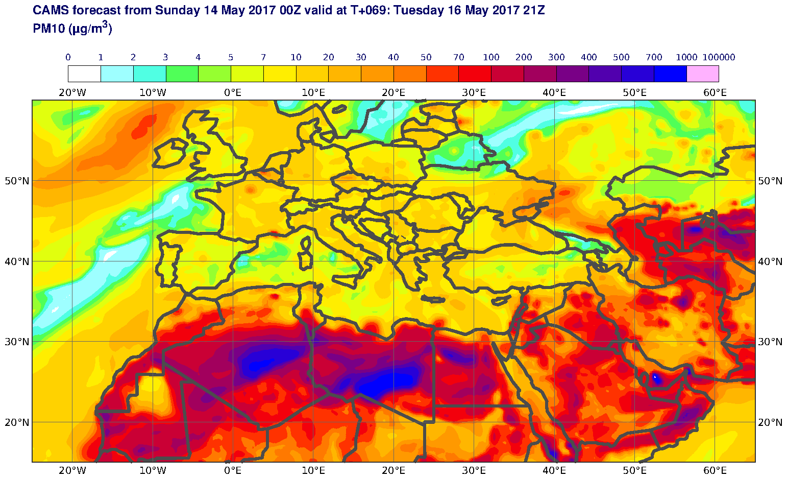 PM10 (μg/m3) valid at T69 - 2017-05-16 21:00