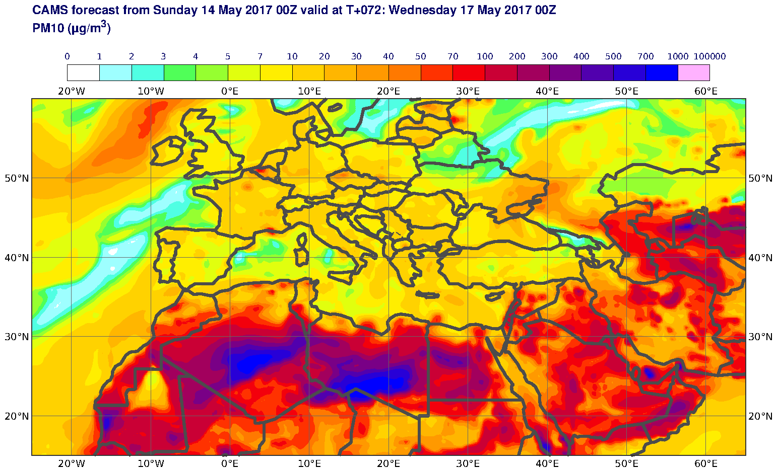 PM10 (μg/m3) valid at T72 - 2017-05-17 00:00