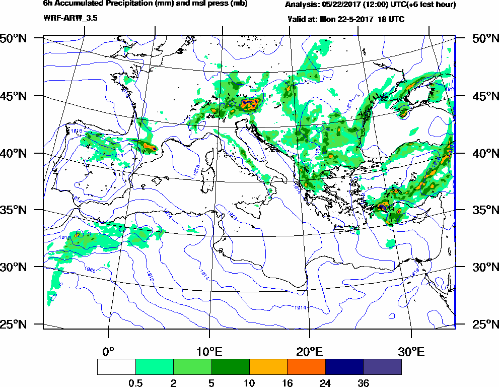 6h Accumulated Precipitation (mm) and msl press (mb) - 2017-05-22 12:00