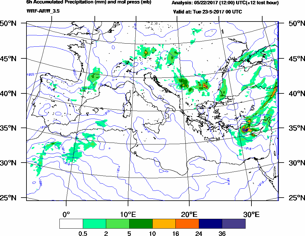 6h Accumulated Precipitation (mm) and msl press (mb) - 2017-05-22 18:00