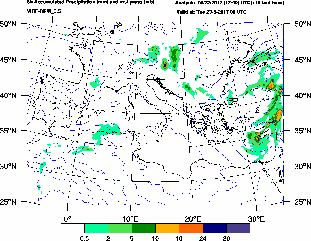 6h Accumulated Precipitation (mm) and msl press (mb) - 2017-05-23 00:00