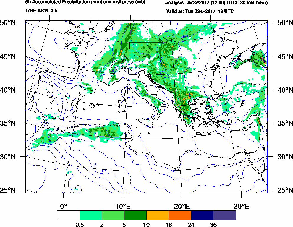 6h Accumulated Precipitation (mm) and msl press (mb) - 2017-05-23 12:00