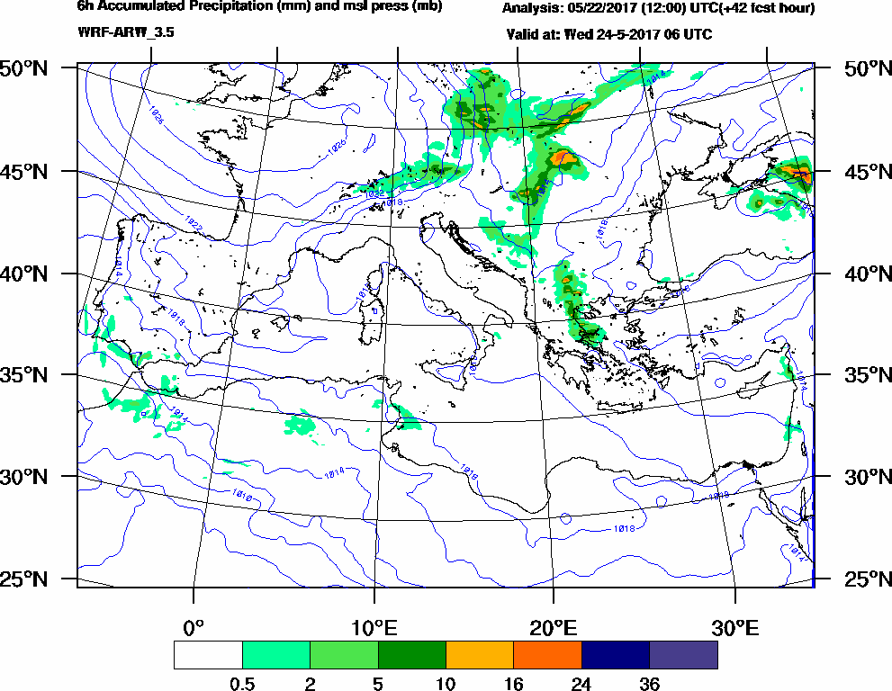 6h Accumulated Precipitation (mm) and msl press (mb) - 2017-05-24 00:00