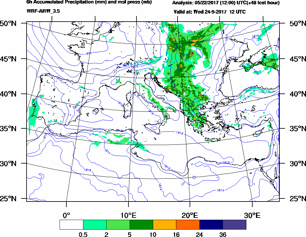 6h Accumulated Precipitation (mm) and msl press (mb) - 2017-05-24 06:00