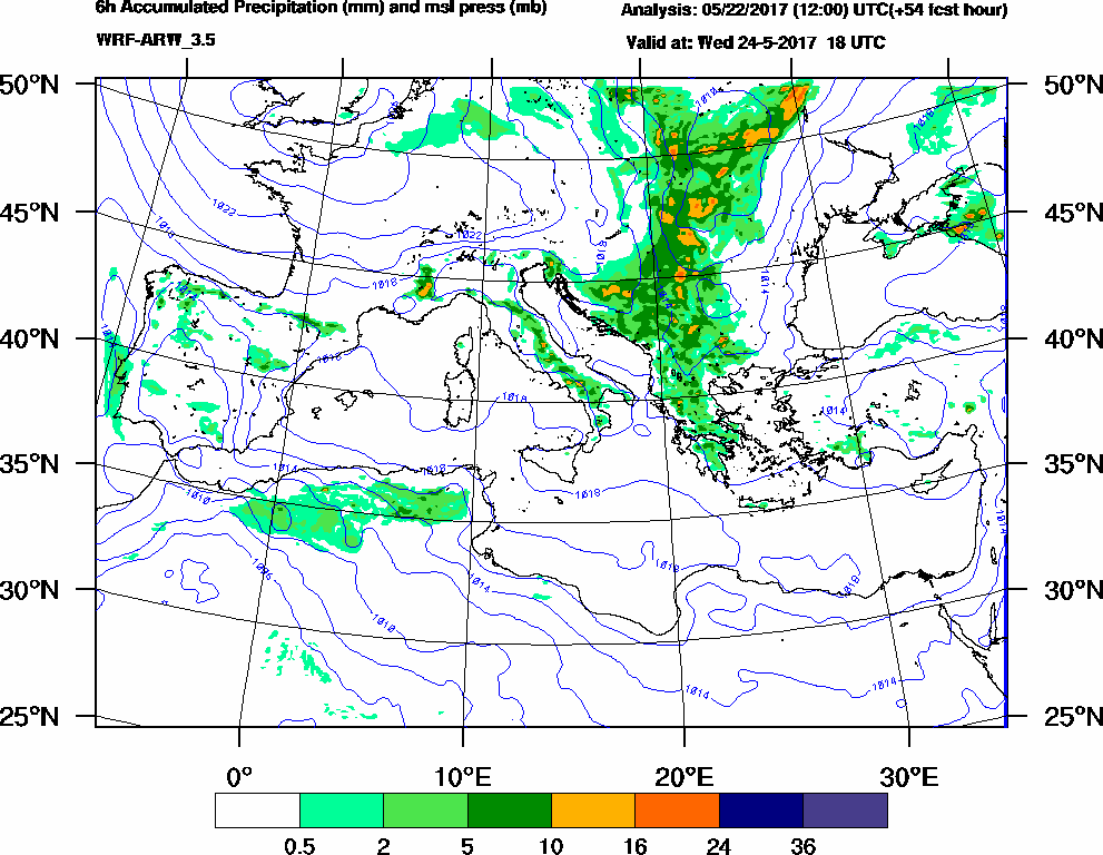 6h Accumulated Precipitation (mm) and msl press (mb) - 2017-05-24 12:00