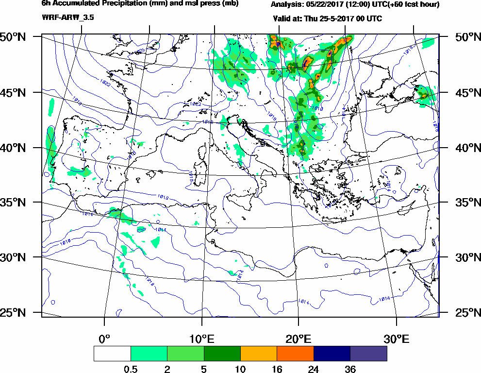 6h Accumulated Precipitation (mm) and msl press (mb) - 2017-05-24 18:00