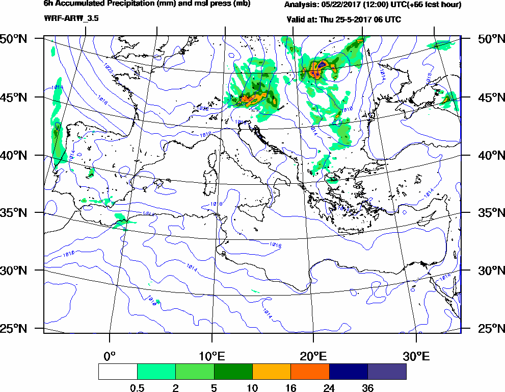 6h Accumulated Precipitation (mm) and msl press (mb) - 2017-05-25 00:00