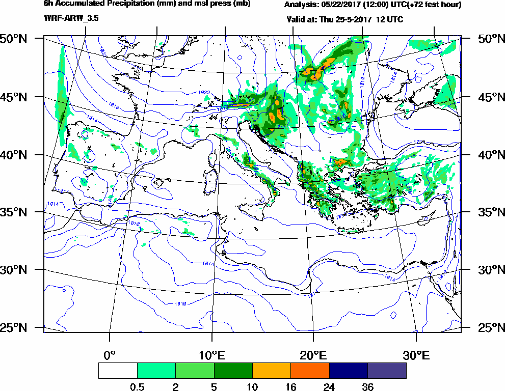 6h Accumulated Precipitation (mm) and msl press (mb) - 2017-05-25 06:00