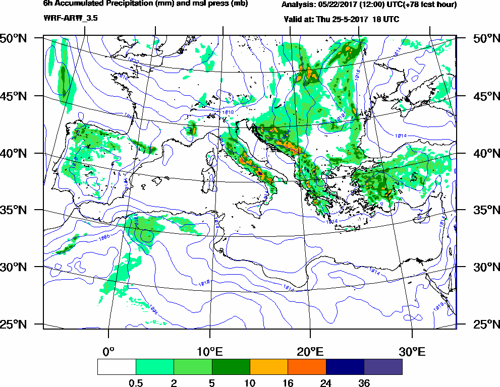 6h Accumulated Precipitation (mm) and msl press (mb) - 2017-05-25 12:00