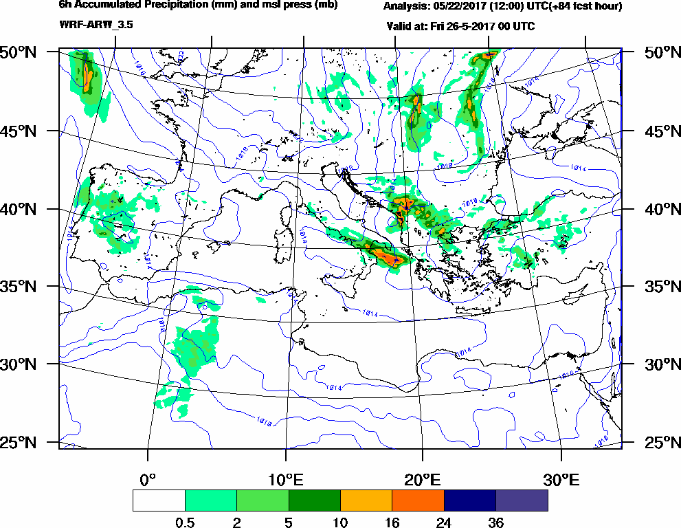 6h Accumulated Precipitation (mm) and msl press (mb) - 2017-05-25 18:00