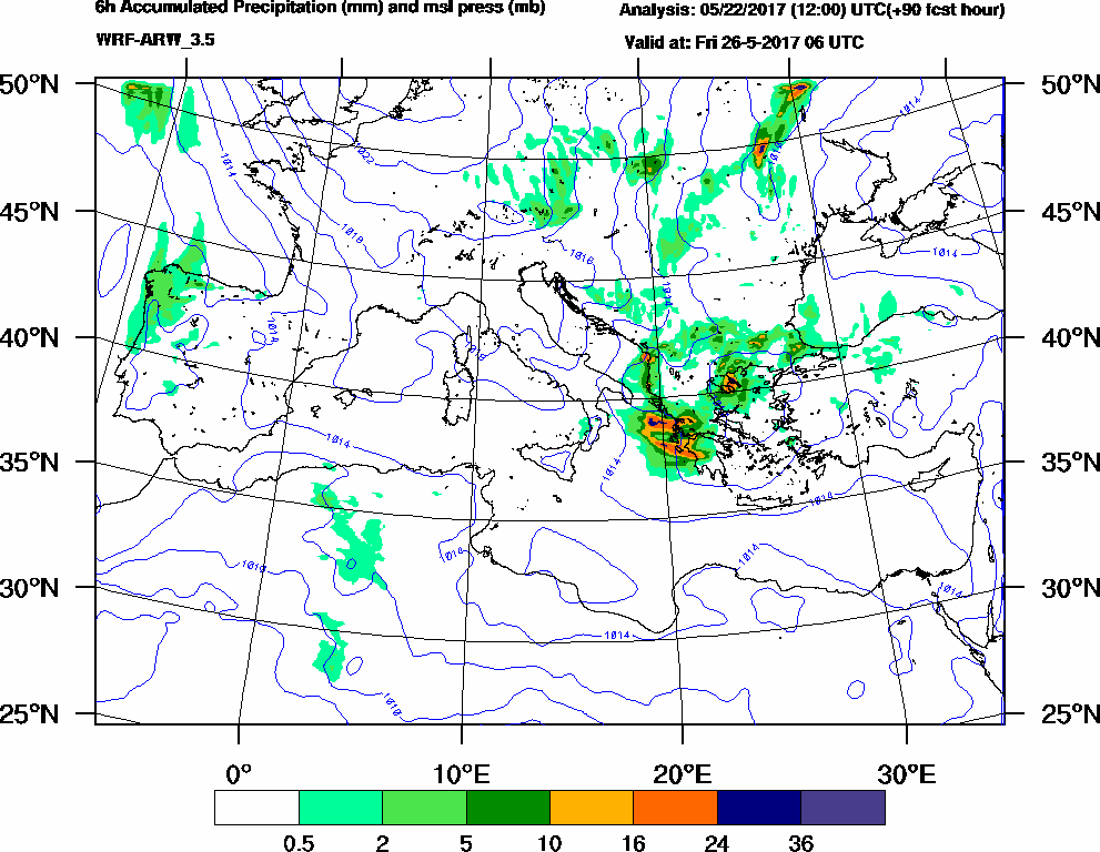 6h Accumulated Precipitation (mm) and msl press (mb) - 2017-05-26 00:00