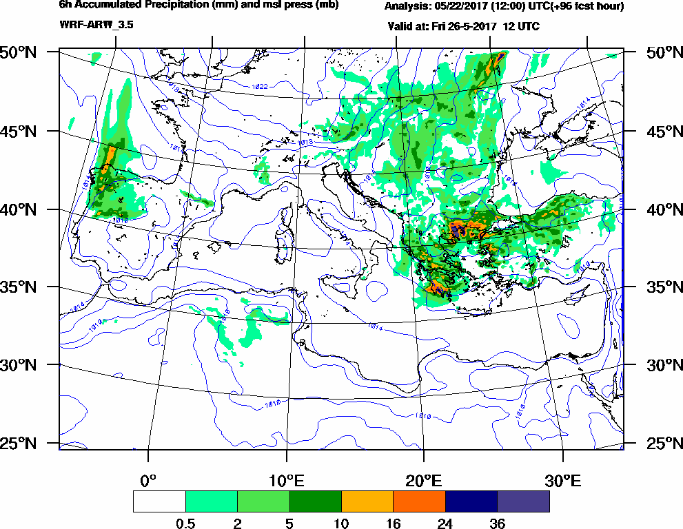 6h Accumulated Precipitation (mm) and msl press (mb) - 2017-05-26 06:00