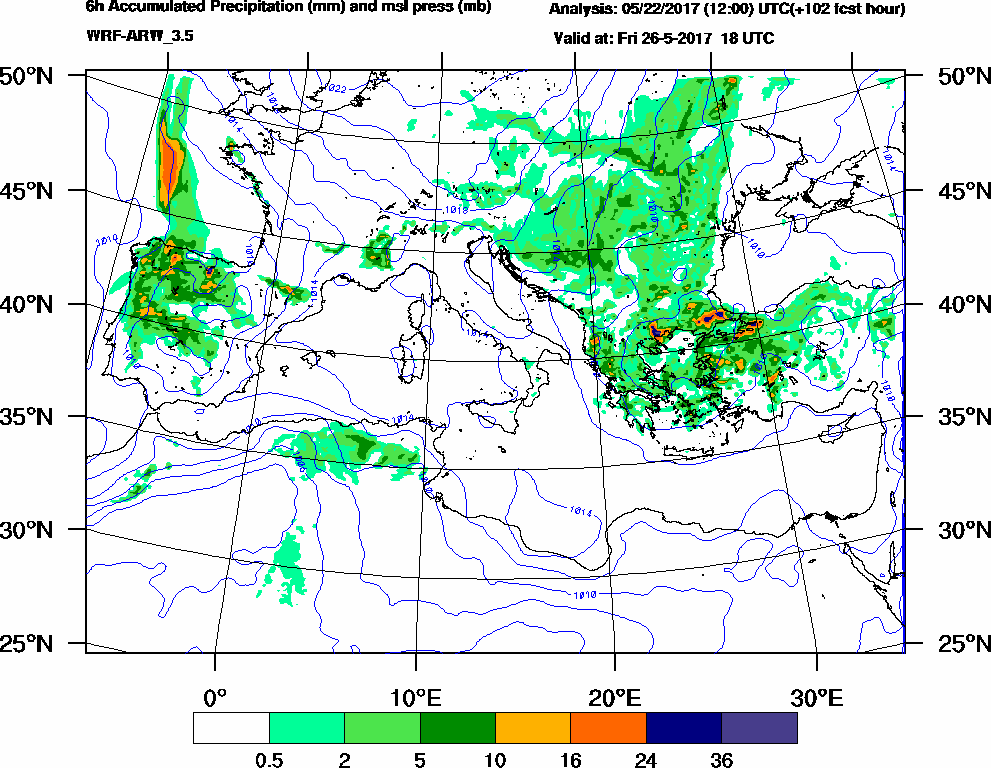 6h Accumulated Precipitation (mm) and msl press (mb) - 2017-05-26 12:00