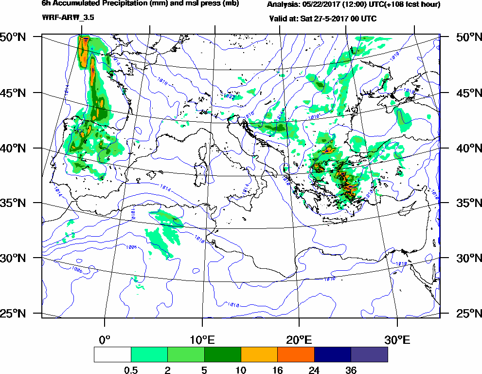 6h Accumulated Precipitation (mm) and msl press (mb) - 2017-05-26 18:00